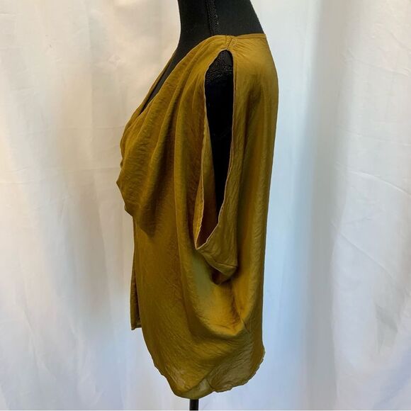 OXMO mustard khaki green V neck web sleeve blouse Sz M - Picture 7 of 14